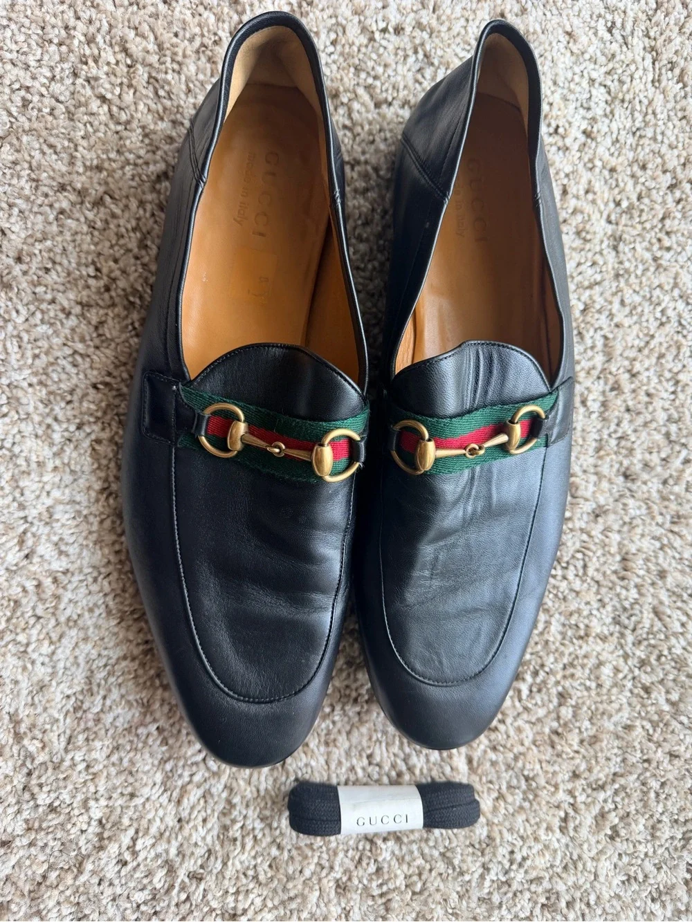 Gucci Black Leather Loafers with Green-Red Web & Gold Horsebit